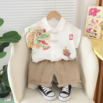 2024 summer new boys' lapel style shirt short-sleeved suit boys' baby casual shorts two-piece set