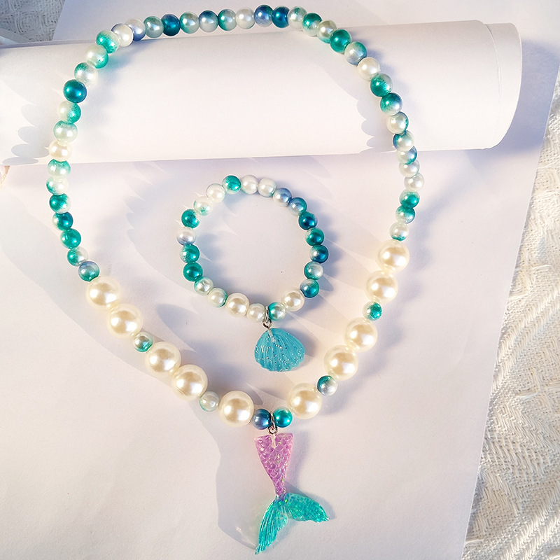 Wholesale of Marine shell bracelet, colorful fishtail necklace, gradient color pearl mermaid children's bracelet and necklace set