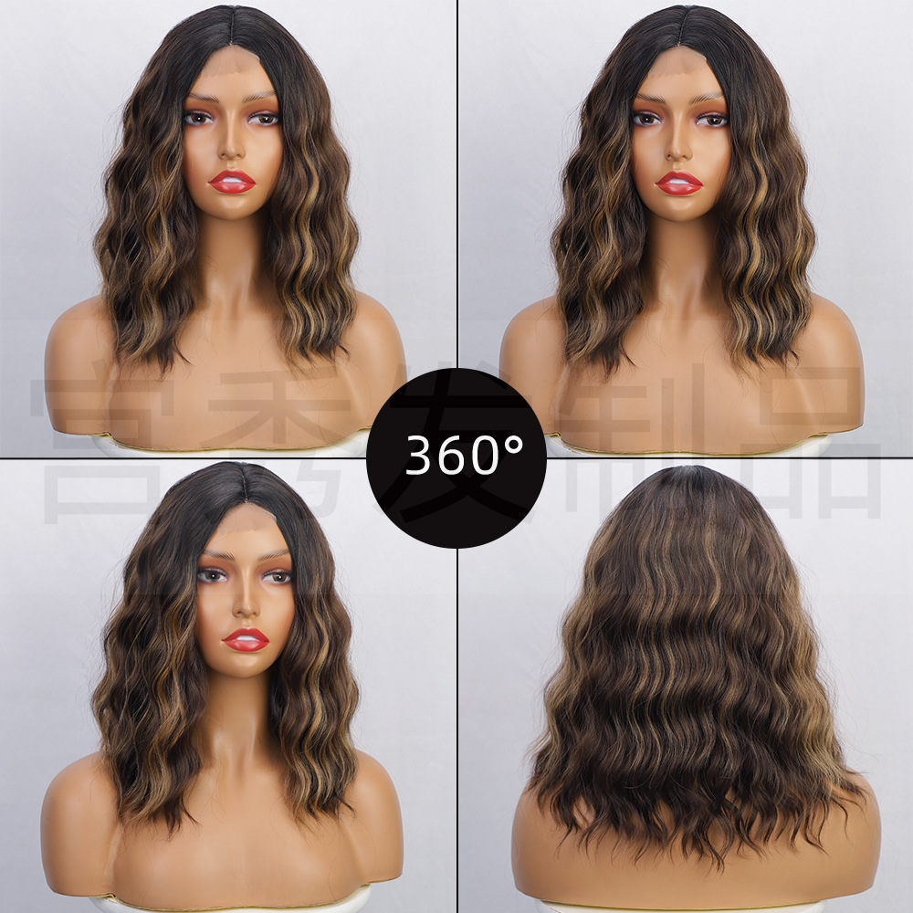 European and American women's front lace wig, mid-parted small lace highlights, water ripple short curly hair synthetic fiber wig wigs details Picture