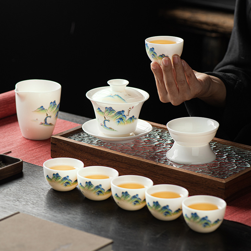 白磿瘭夫茶具套裝批發禮盒高檔旅行茶具蓋碗茶杯德化羊脂玉印logo
