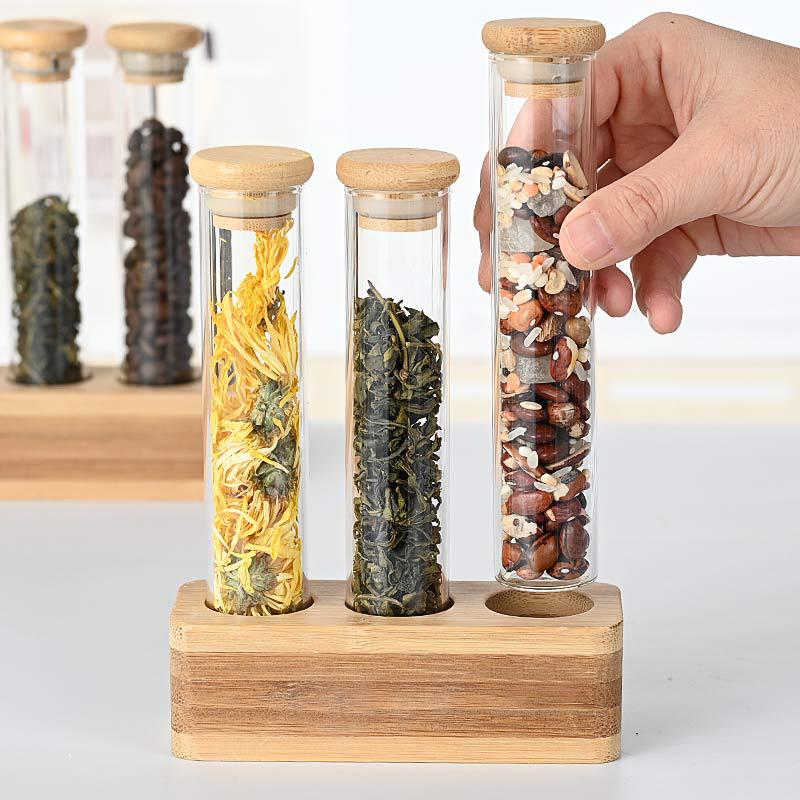 Vertical multi-functional sealed jar, bar counter decoration, coffee bean display stand, wooden frame, bamboo tray, storage, glass storage box details Picture