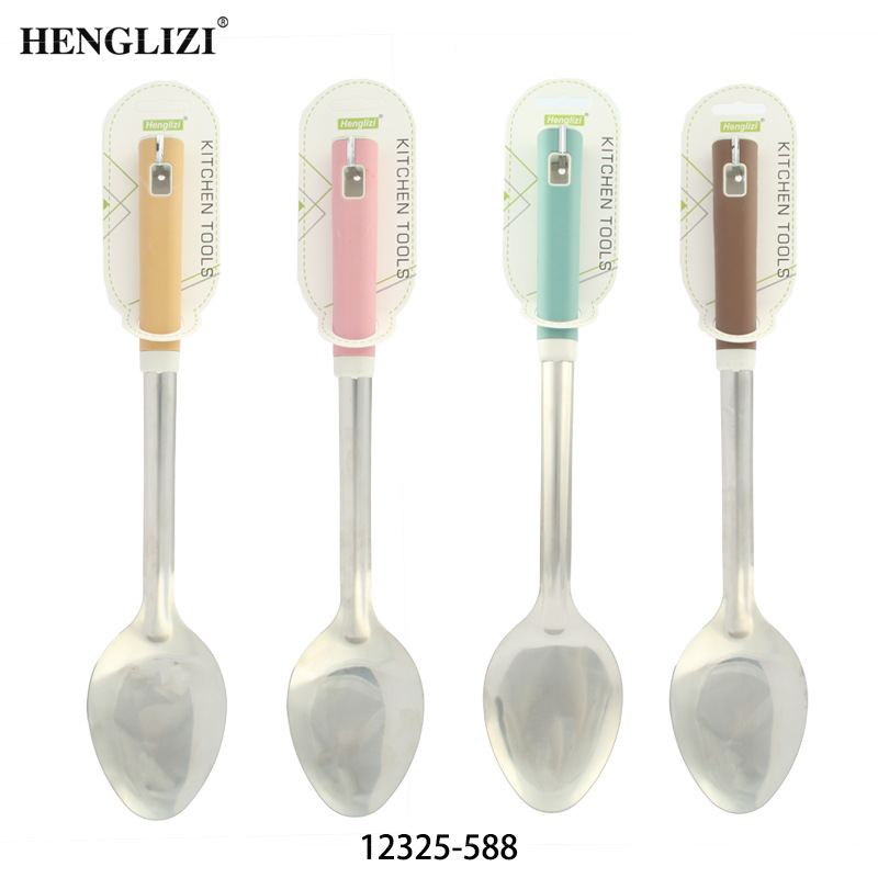 Cross-border household stainless steel spatula Soup spoon Frying spatula slotted spoon Non-stick pan mixed color square handle handle kitchen utensils details Picture