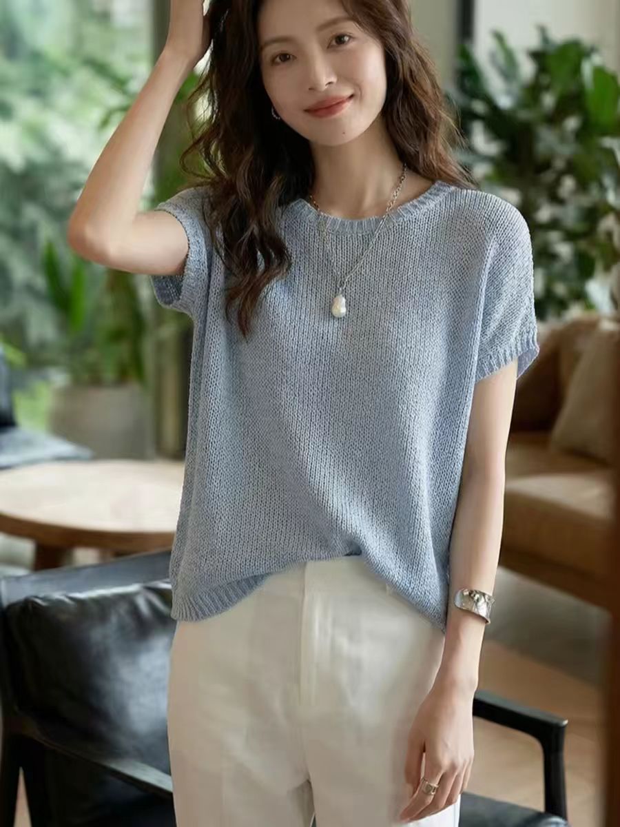 Cool and refreshing Tencel linen summer new knitted short-sleeved T-shirt for women, new round neck loose and breathable thin top for summer pic 5