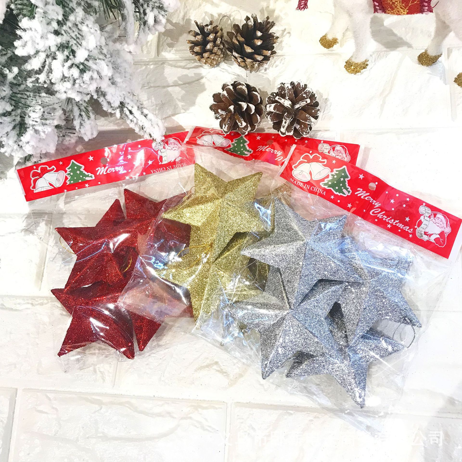 Christmas decorations: Gold powder five-pointed star, powder-blown five-pointed star, available in six colors, plastic five-pointed star