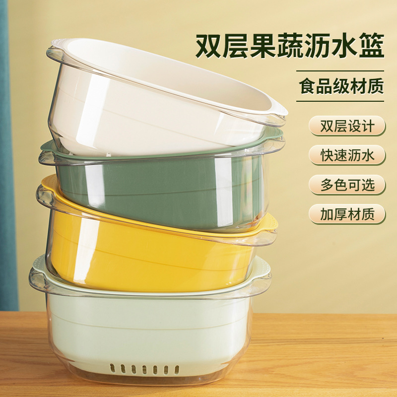 PET双层沥水篮水果篮洗菜盆家用厨房收纳篮透明塑料加厚洗菜篮图