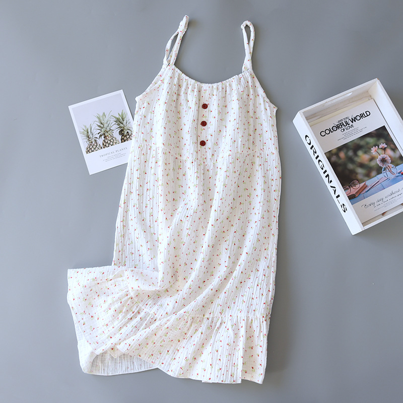 All-cotton crepe sleeping dress, women's cotton yarn comfortable sweat-absorbing home dress, halter dress, pajamas, pure cotton loose long dress details Picture