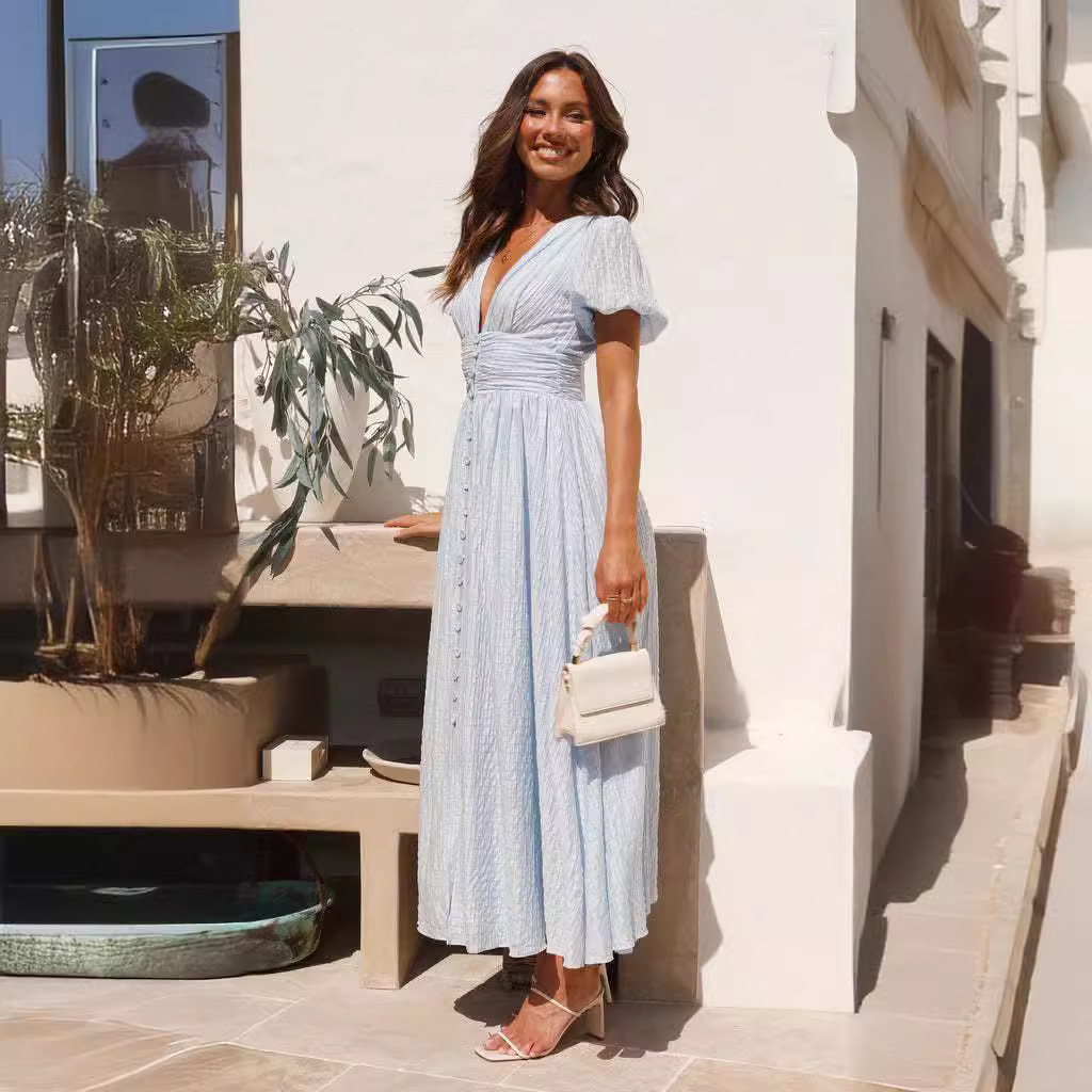 Cross-border European and American 2024 women's new solid-color V-neck long puffed sleeve oversized hem slimming dress details Picture