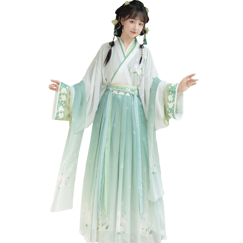 National trend embroidered waist-length cross-neck blouse and skirt set, adult Hanfu, female student chest-length printed spring and autumn style Item Picture