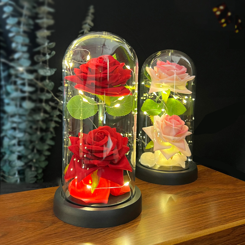 Christmas decoration two artificial roses cross the border for Valentine's Day hot gift LED light luminous glass cover