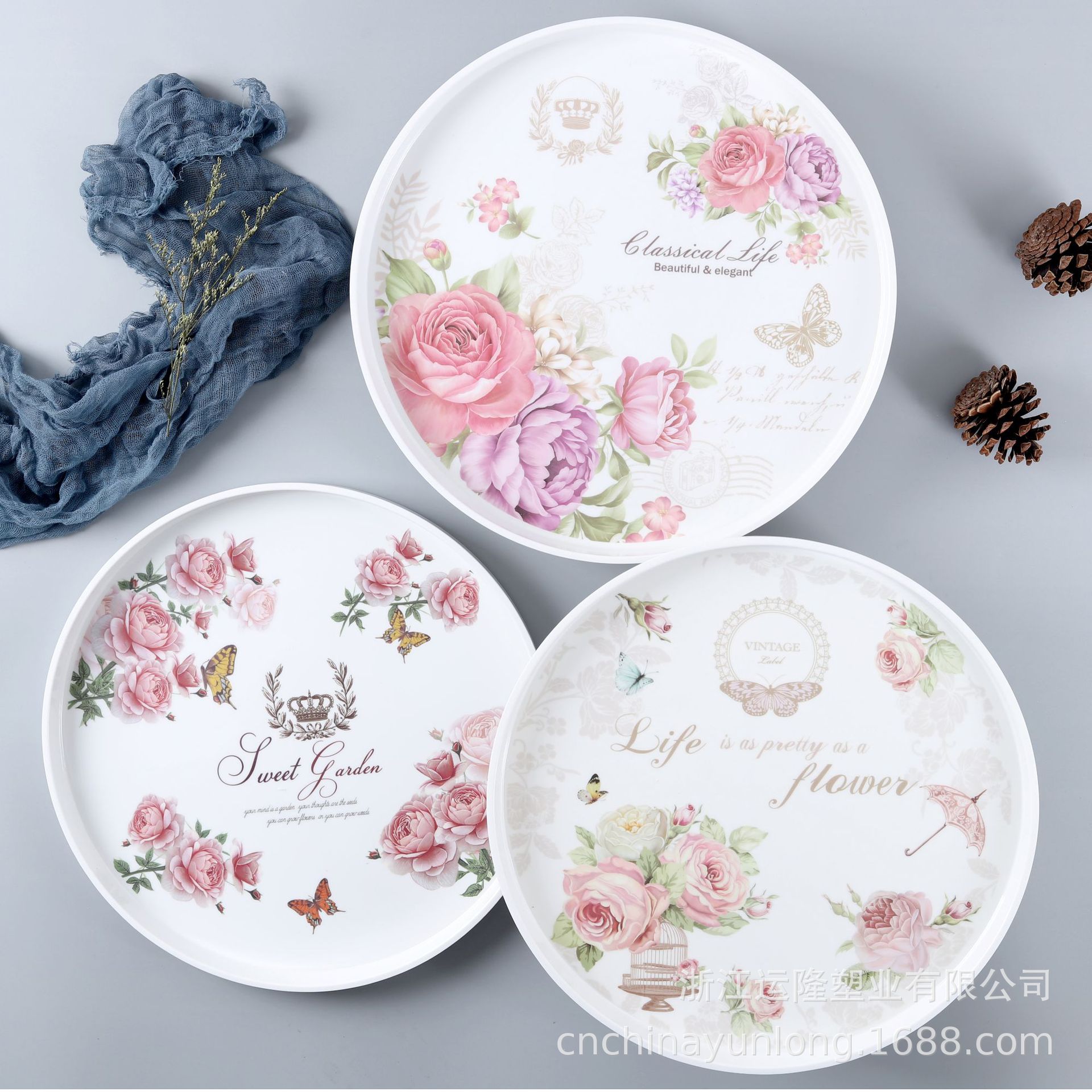 Yunlong home European type melamine round tray home living room fruit tray Creative tea cup tea tray water cupcake plate full figure
