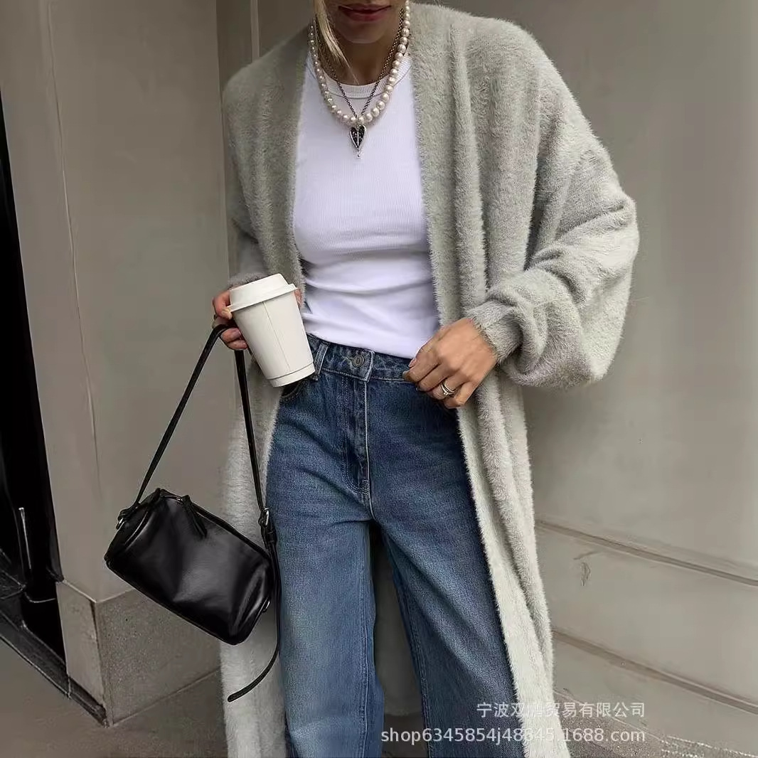 2025秋冬新长款仿貂开衫女跨境欧美风热卖慵懒风针织毛衣带腰带