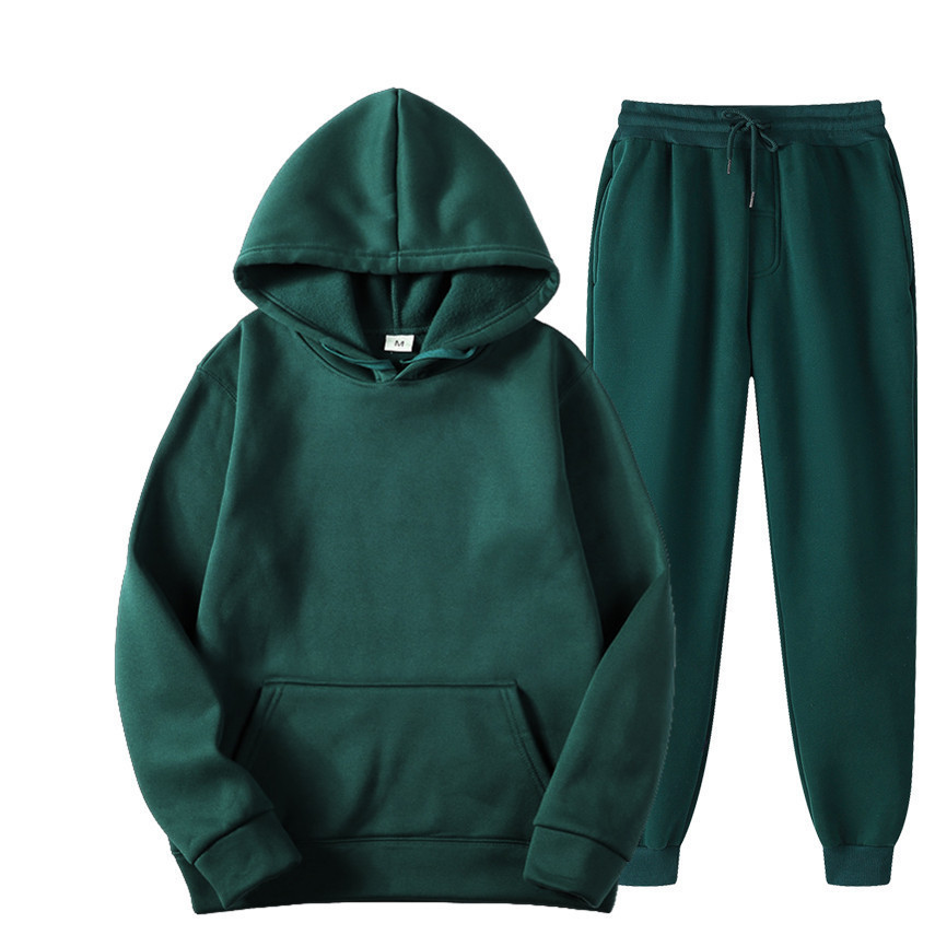 New fleece men's solid color pullover hooded sweatshirt set, sport two-piece set, men's hoodie, sweatshirt and sport pants details Picture