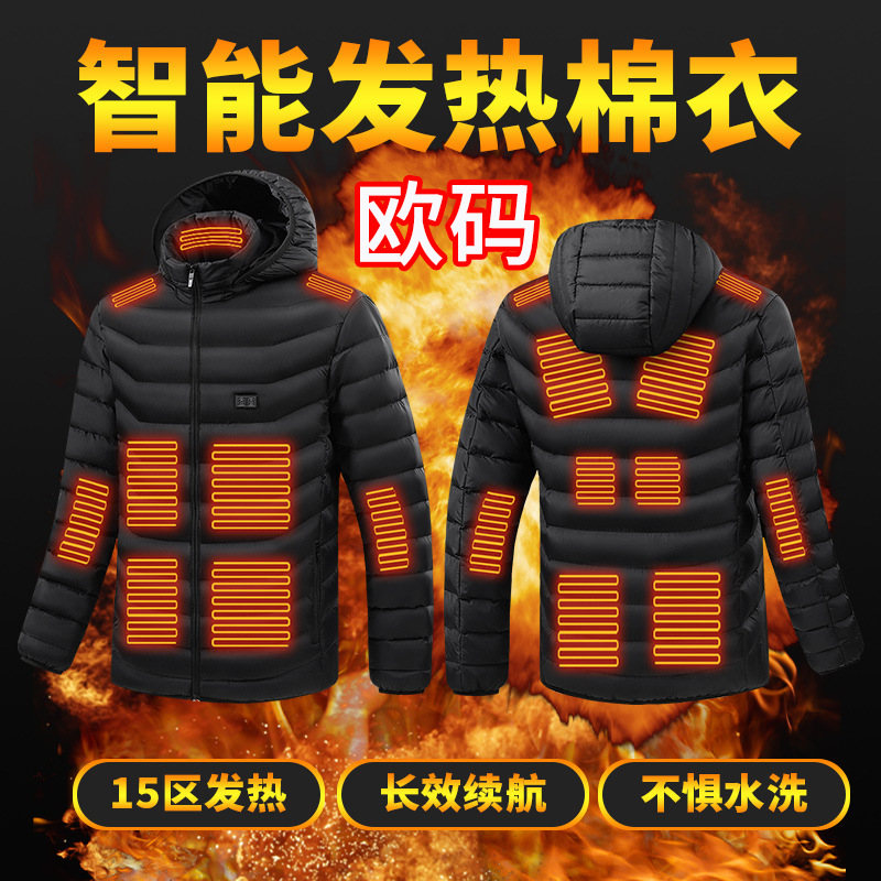 Cross-border exclusive supply of European, American and European code heating cotton-padded jackets, dual-control 15-zone intelligent constant temperature heating cotton-padded jackets for men in stock