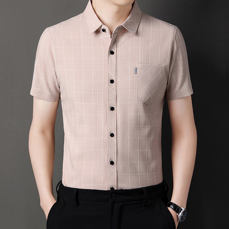 Cotton and linen short-sleeved shirt for men, summer business casual, checkered printed one-inch thin, true pocket middle-aged shirt for men Application Scenario