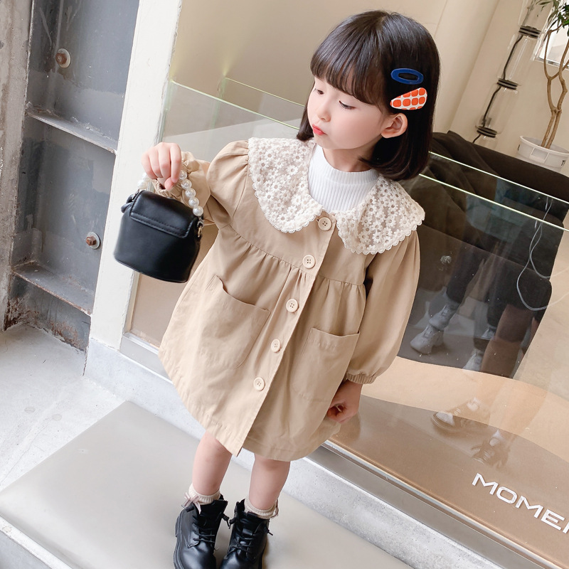 儿童纯色蕾丝风衣春款2022年新款韩国女童外套亚马逊洋气大衣童装