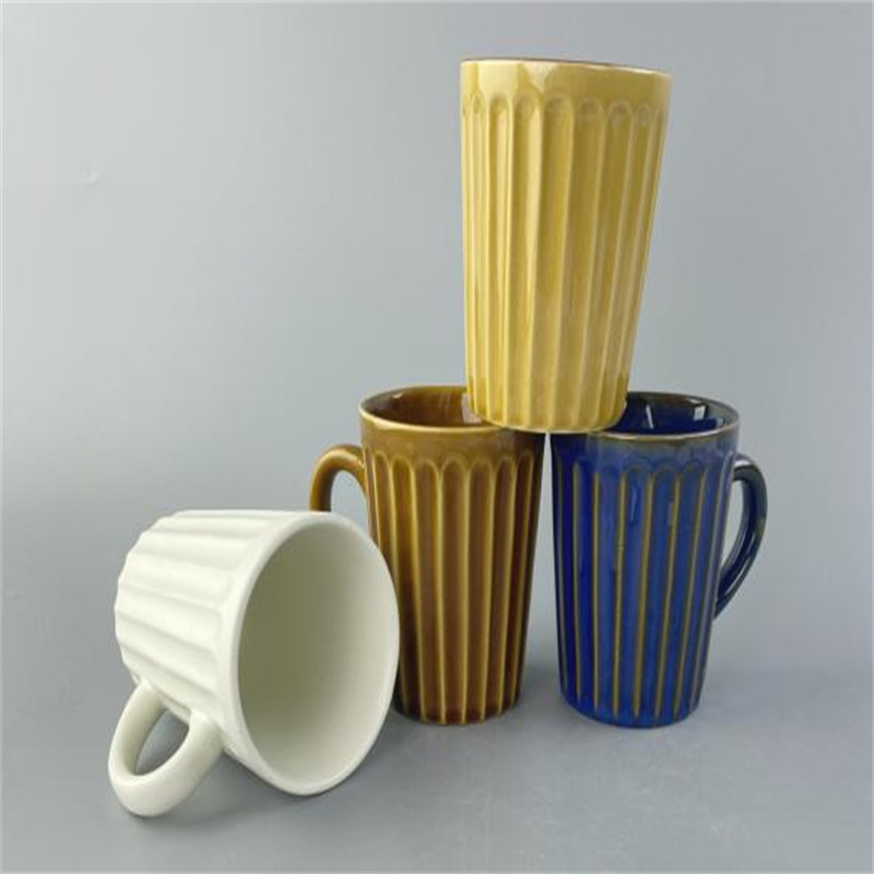 现货北欧撞色马克杯办公室咖啡杯喝水杯子家用早餐杯竖纹陶瓷杯