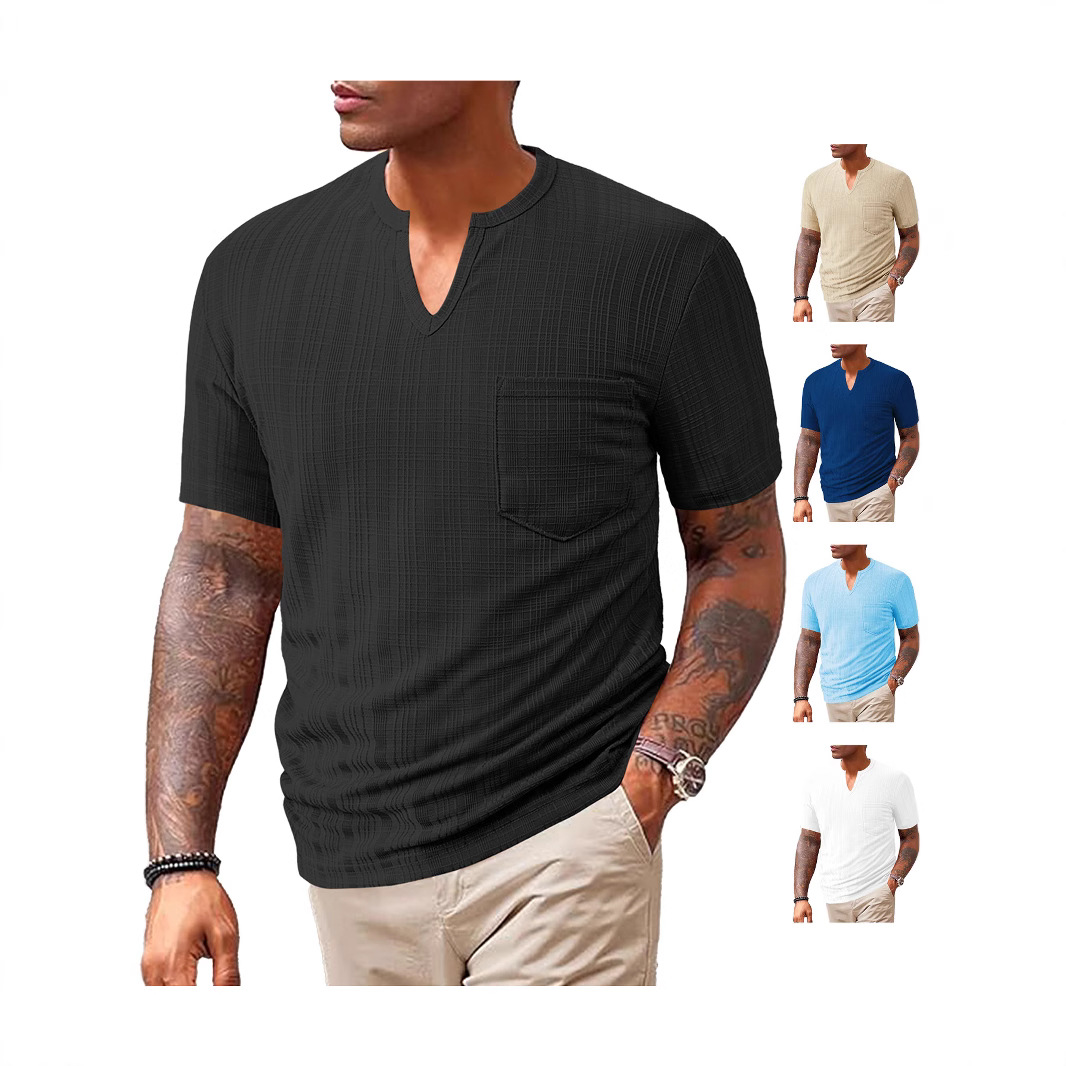 25 años cross border ropa de hombre europa y Estados Unidos verano nuevo deporte casual holgado color sólido 100% poliéster imitación de lino cuello V hombres manga corta Application Scenario