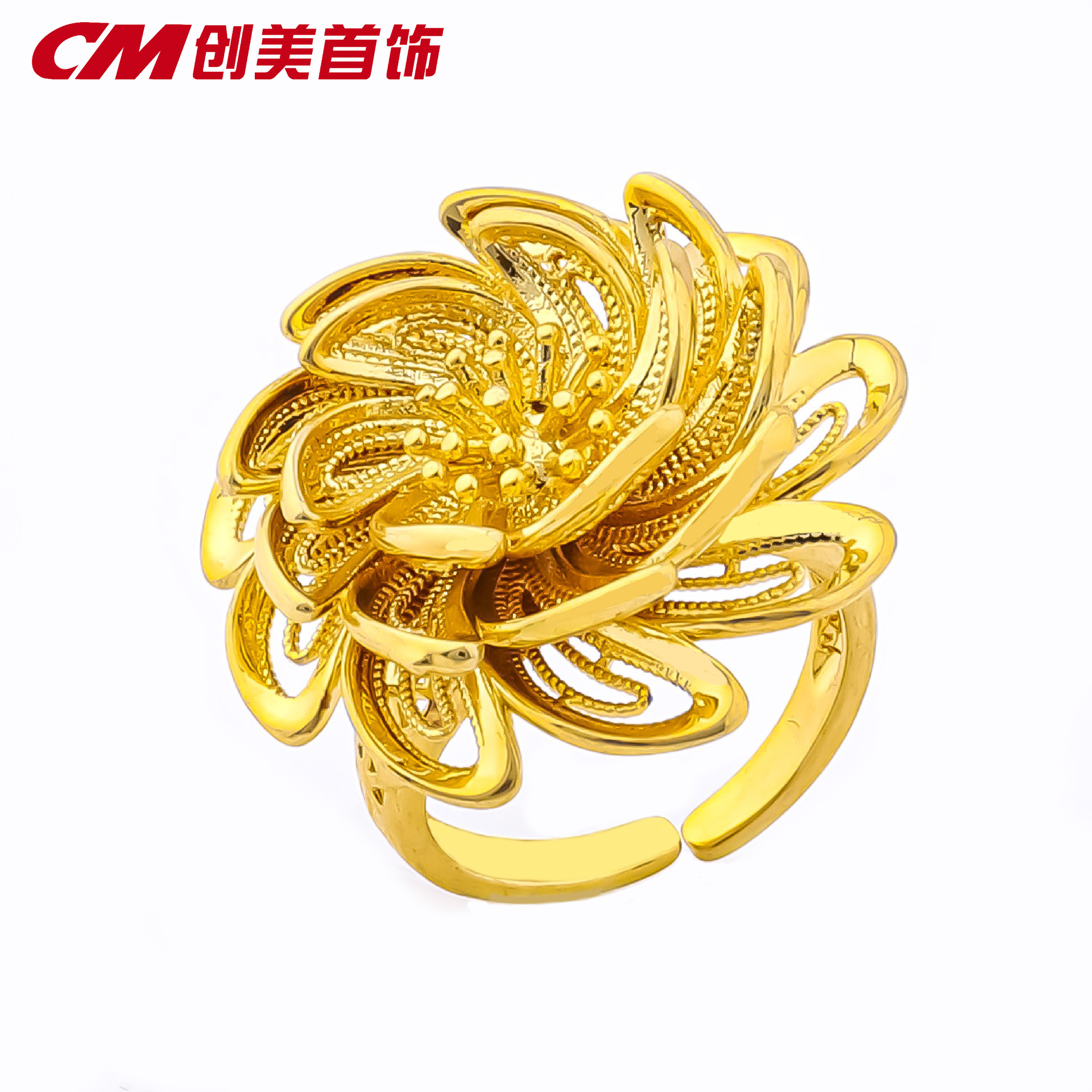 Chuangmei Jewelry's 24K gold-plated flower blooming prosperity ring is a unique and retro design for women's wedding rings Application Scenario