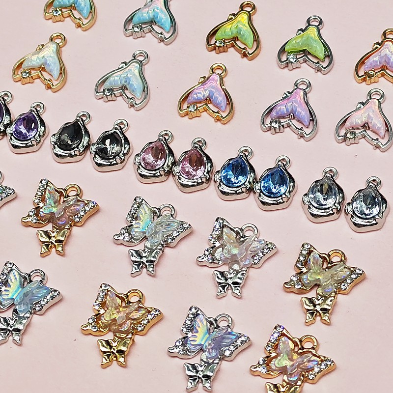 鱼尾蝴蝶结宝石吊坠合金镶水钻diy配饰手链耳环项链材料配件批发