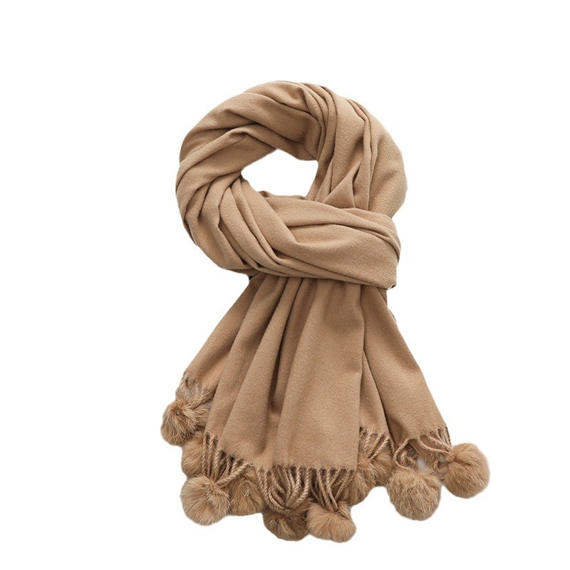 Cashmere Wool Scarf Women's Autumn Winter Premium Sense Solid Color Ball Scarf All-In-One Shawl Fur Ball Imitation Cashmere Scarf Item Picture