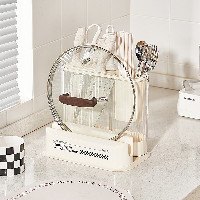 Kitchen Storage Cream Wind High Appearance Horizontal Knife Holder Cutting Board One Stand Pot Lid Rack Knife Fork Chopsticks Cage Knife Storage Rack
