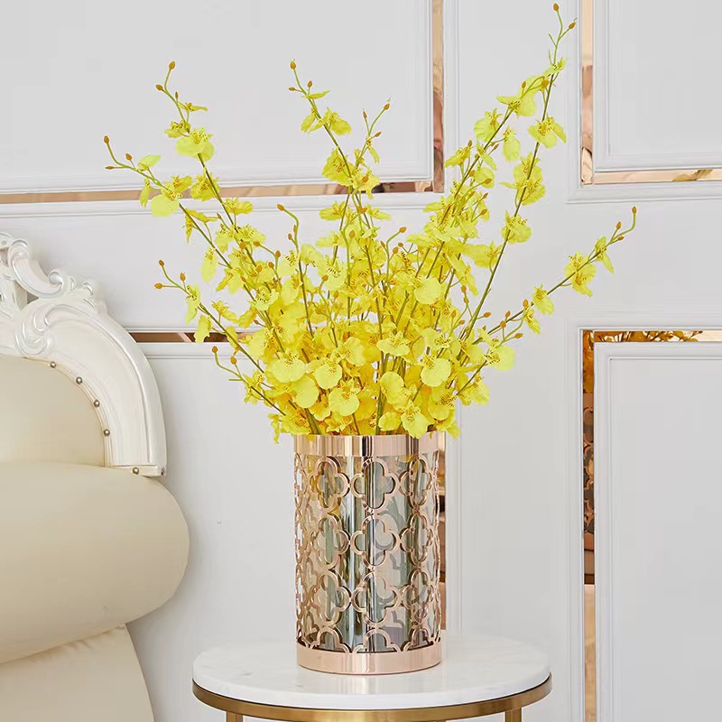 Light Luxury Gold Iron Hollow Geometric Glass Vase Model Room Home Living Room Dining Table Tv Cabinet Flower Decoration details Picture