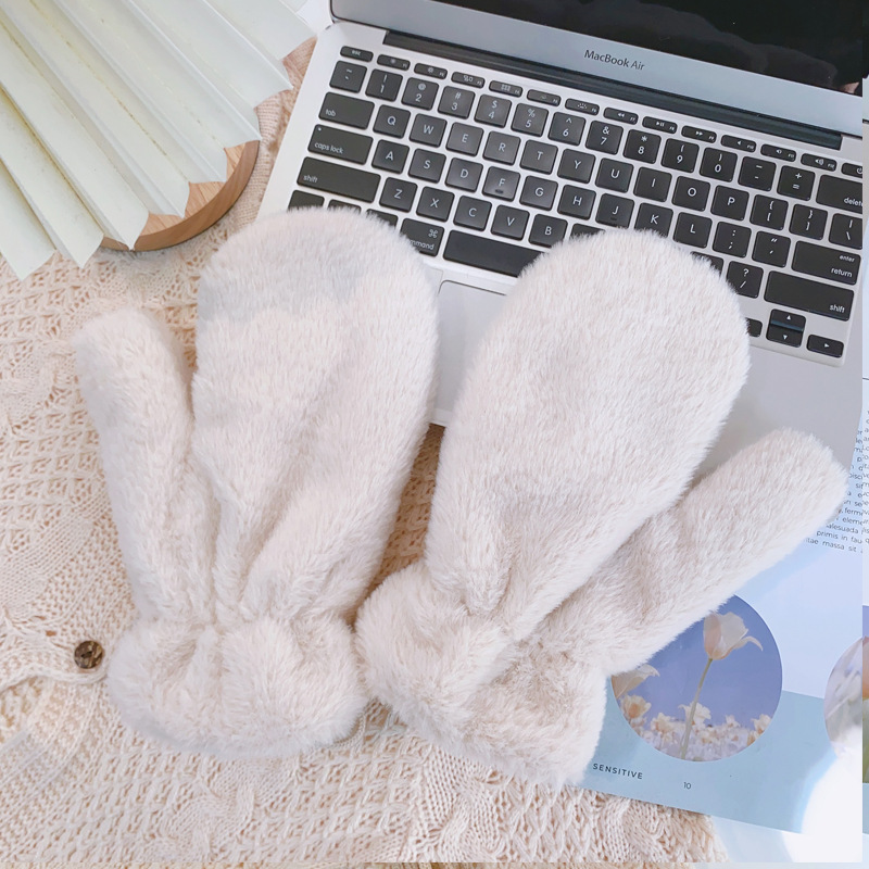 2022 New diy gloves for women, thickened with fleece, cute for cycling, warm and windproof, neckline with fingers, fleece Korean version details Picture