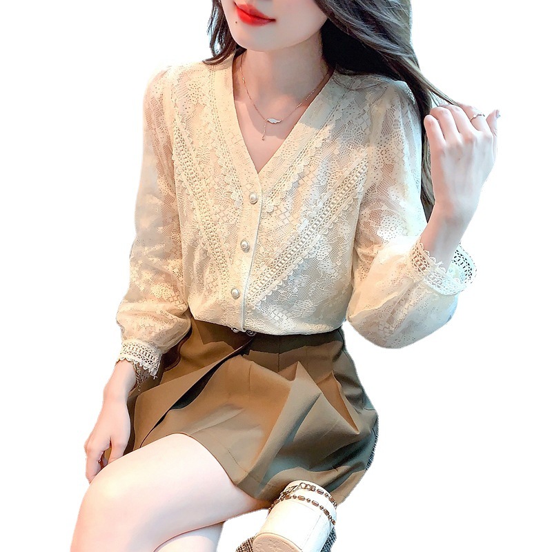 French V-neck lace chiffon shirt for women's autumn 2022 new style, beautiful and stylish long-sleeved blouse, early autumn top Item Picture