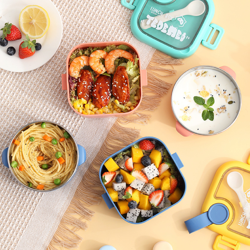 Cross-border 304 stainless steel children's baby food bowl, square baby food scissors, grinding tool set, tableware, meal box Specification image