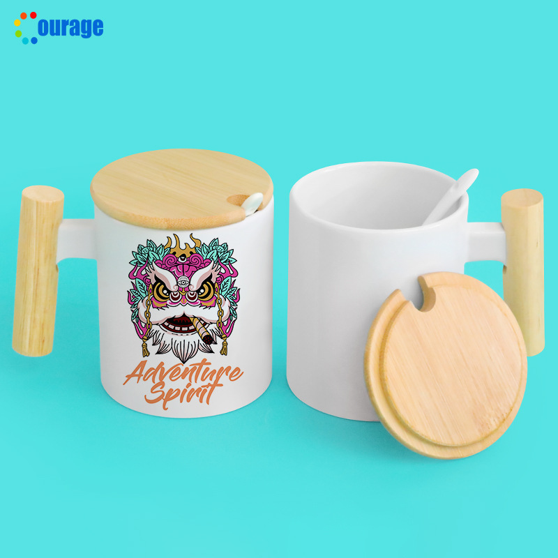Office wooden handle mugs, coffee cups, beige frosted mugs, simple water cups, wooden LIDS, spoons Specification image