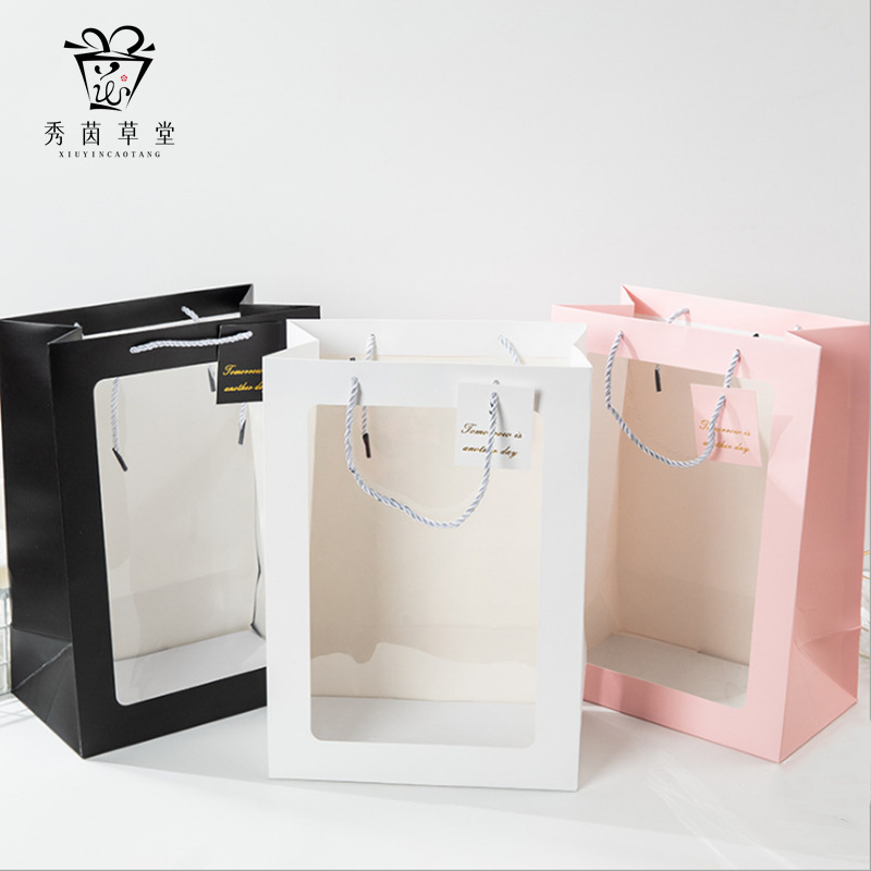 透明橱窗手提袋鲜花包装开窗手拎袋情人节花束袋花艺礼品袋批发