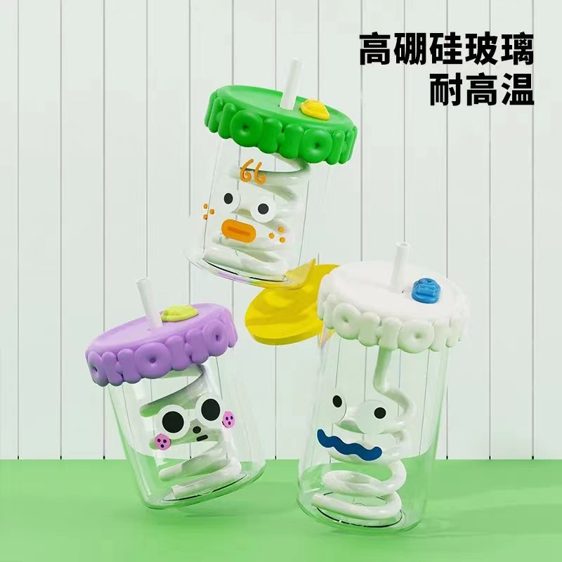 High Borosilicate Glass Water Cup With Cover Cartoon Children's Water Cup Cute Coffee Cup Straw Cup High Temperature Resistant Glass Cup Specification drawing