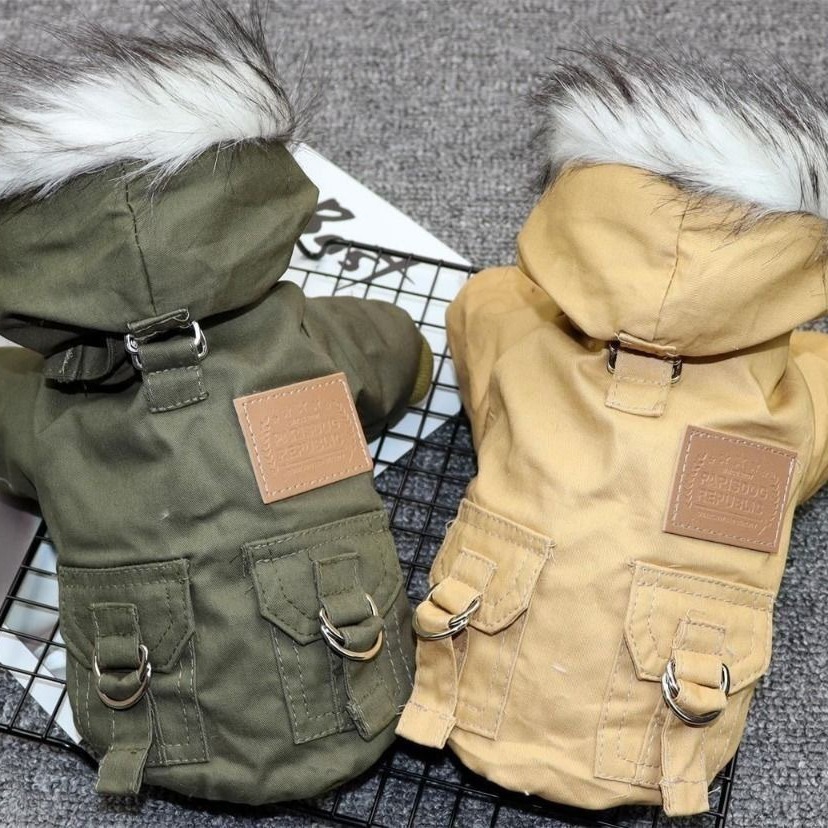 New autumn and winter pet dog workwear, cotton-padded jacket with fleece collar, mountaineering suit, small dog winter clothing and warm cotton-padded jacket