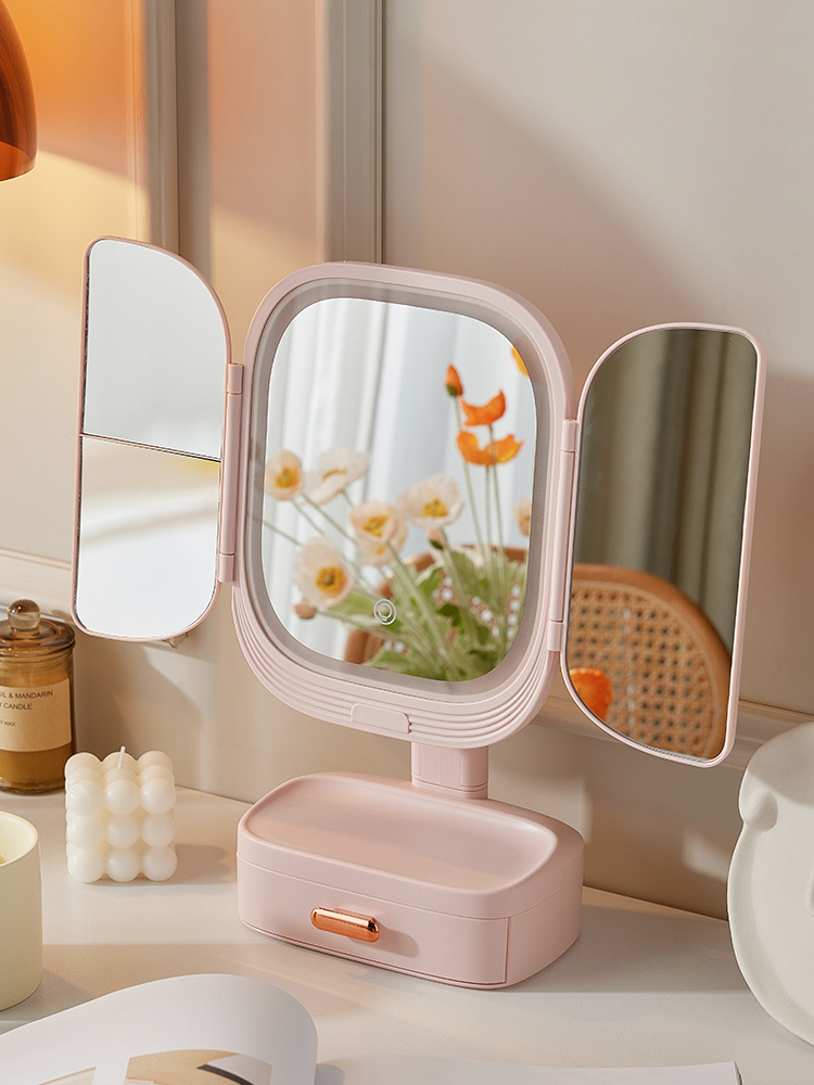 Desk With Light Makeup Mirror Dresser Bedroom Countertop Lipstick Foundation Drawer Box Shelf Makeup Storage Box