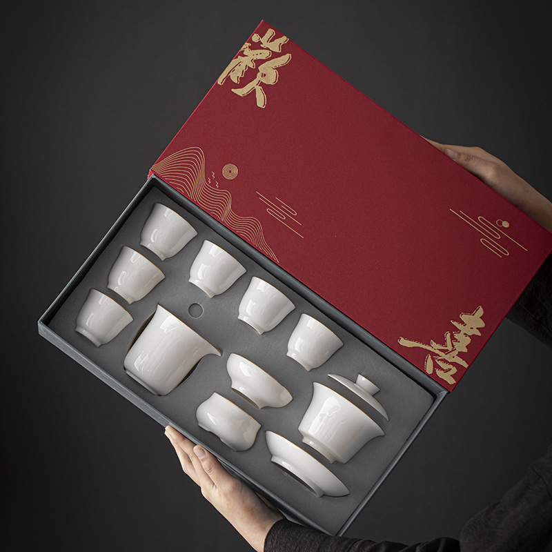 Wholesale of high-end business gift sets of tea sets printed with the company logo and made of white porcelain with sheep fat and jade