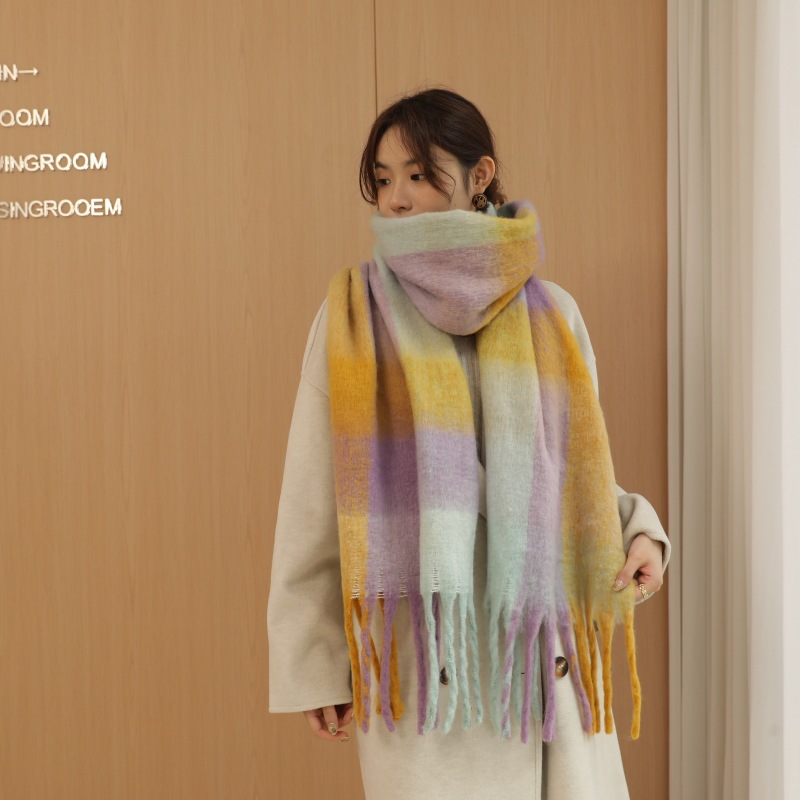 Rainbow Scarf Women's Mohair Warm Couple Shawl Bib Ac Plaid Thickened Color Thick Fringe Scarf Specification drawing