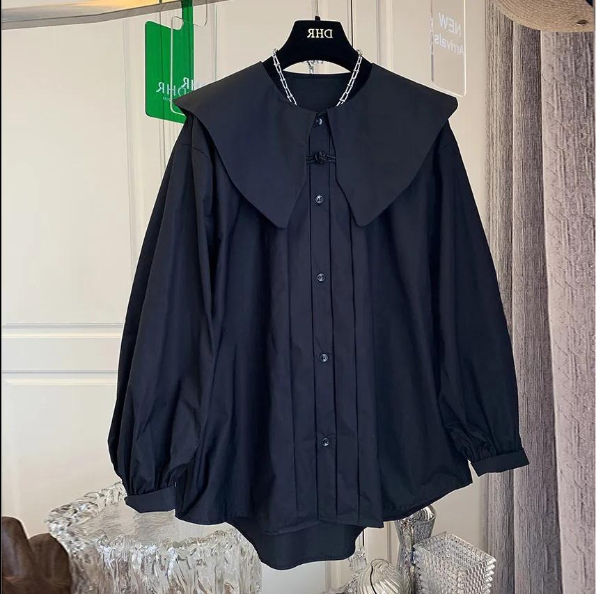 New Chinese-style, button-up, doll-collar, puffed-sleeve long-sleeved shirt for women, with a unique design sense and a 2022 spring trend Specification image