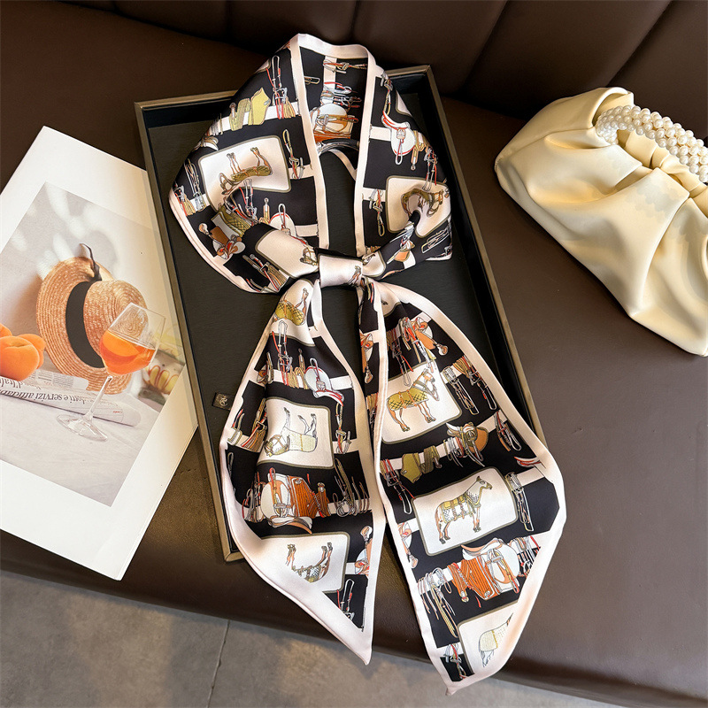 New long and thin printed double-layer scarf for European and American equestrian style, decorative silk scarf, commuting diagonal hair tie scarf, narrow ribbon Specification image