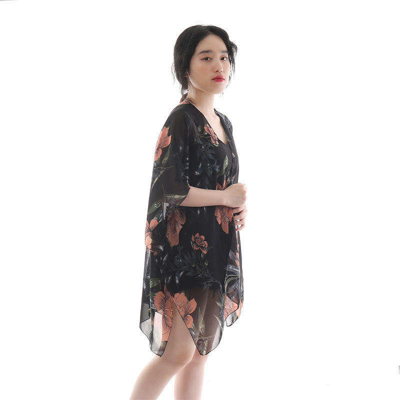 Four Seasons Big Flower Chiffon split scarves, chiffon silk scarves, fashionable air conditioning shawls, vacation and travel beach scarves, cross-border wholesale Specification image