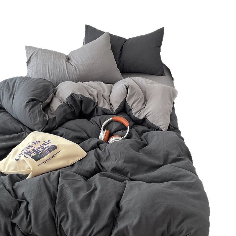 Japanese-style Muji washed cotton four-piece set for sleeping naked, excellent bed sheets and duvet covers, student dormitory bed three-piece set, bed hat style Item Picture