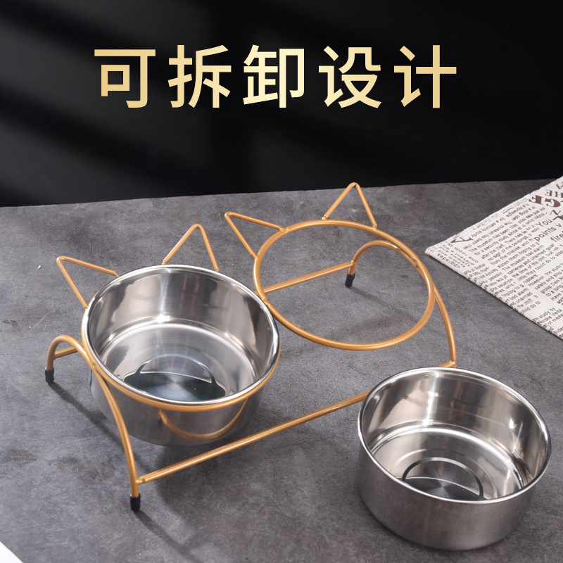High-quality stainless steel pet bowl with iron stand to prevent knocking. Double bowl for cats, suitable for both eating and drinking. Dog food bowl Item Picture