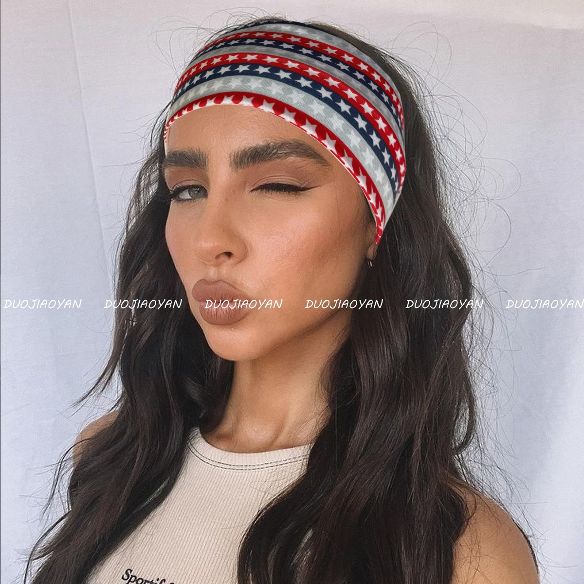 Duojiao Yan Cross-border New American Independence Day headband, fashionable yoga headscarf, wide-edge elastic cross-printed headband details Picture