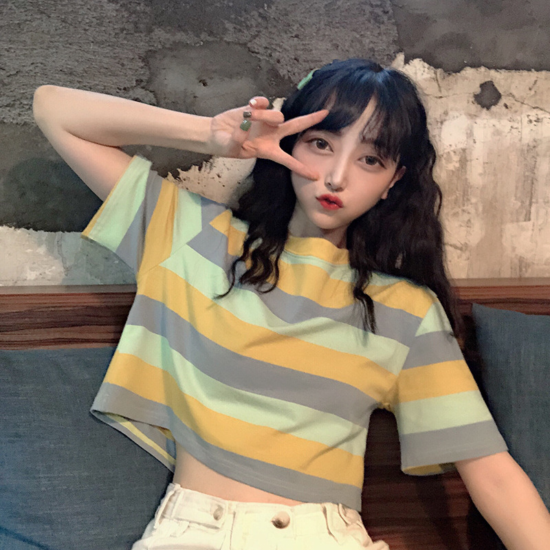 Cross-Border Foreign Trade Summer New Korean Version Of Loose Rainbow Striped Short-Sleeved T-Shirt Female Students Short Crop Top Tide Application Scenario