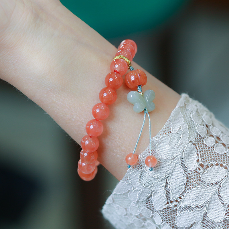Natural Nan Hong agate single-circle bracelet, Hetian jade butterfly tassel, retro ethnic style bracelet for women wholesale details Picture