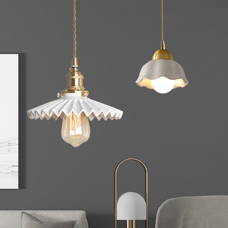 Nordic white pleated ceramic chandelier, Japanese restaurant, guesthouse bar counter, bedside, bedroom, living room, retro all-copper lamp Specification drawing