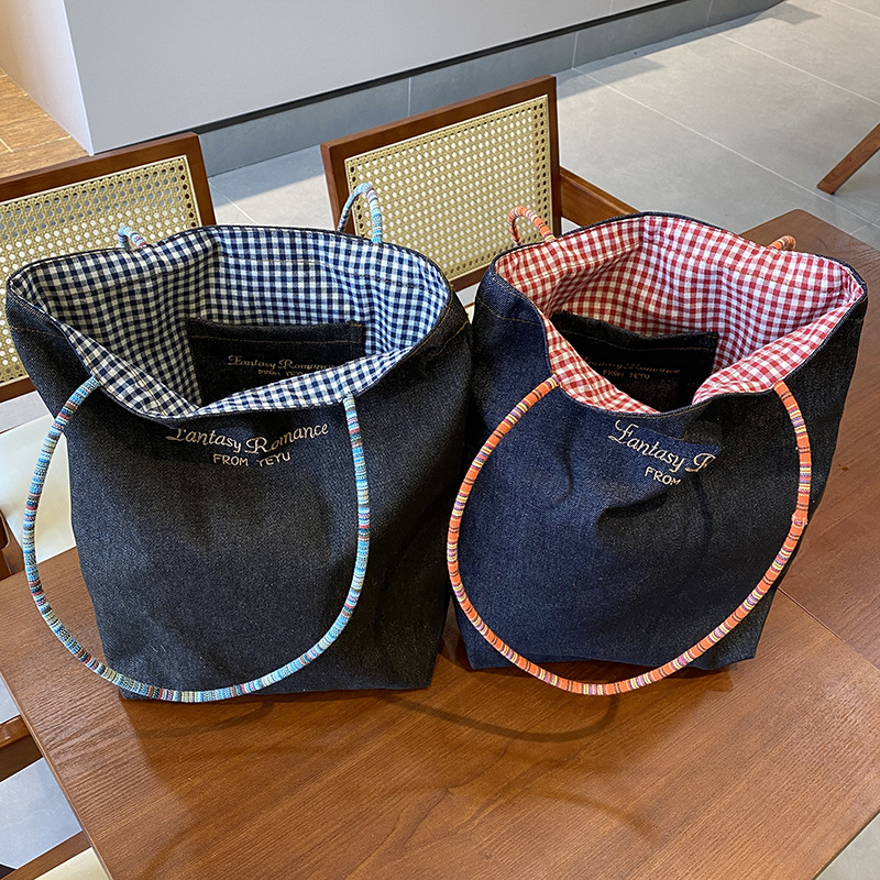 美式复古牛仔两用双面单肩背包大容量百搭通勤托特包ins新款