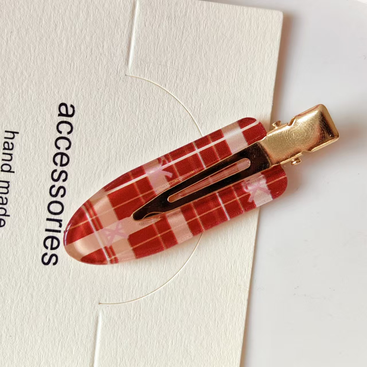 酒红蝴蝶结格纹醋酸无痕夹化妆夹圣诞新年气质刘海夹碎发夹头饰女详情8