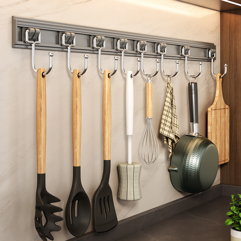 Non-drilling kitchen hook rack, wall-mounted black space aluminum kitchenware, spoon and spatula hanging rack, storage rack details Picture