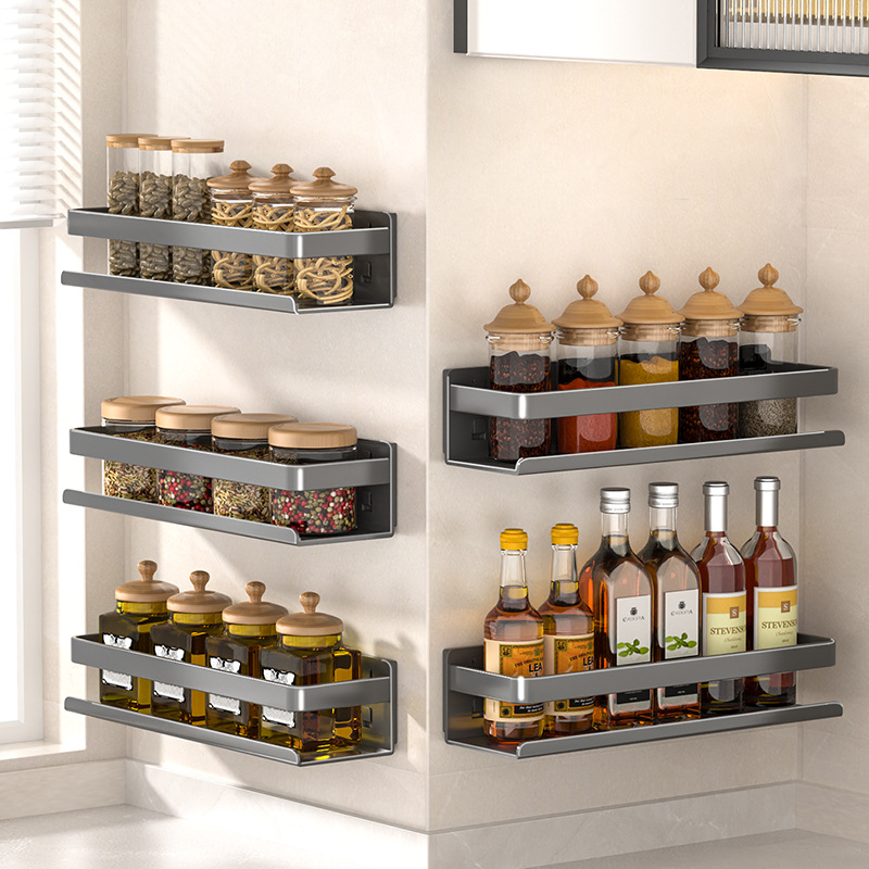 Kitchen Storage Rack Household Non-Punch Seasoning Rack Wall Mounted Storage Rack Bathroom Shelf Upper Wall Stainless Steel