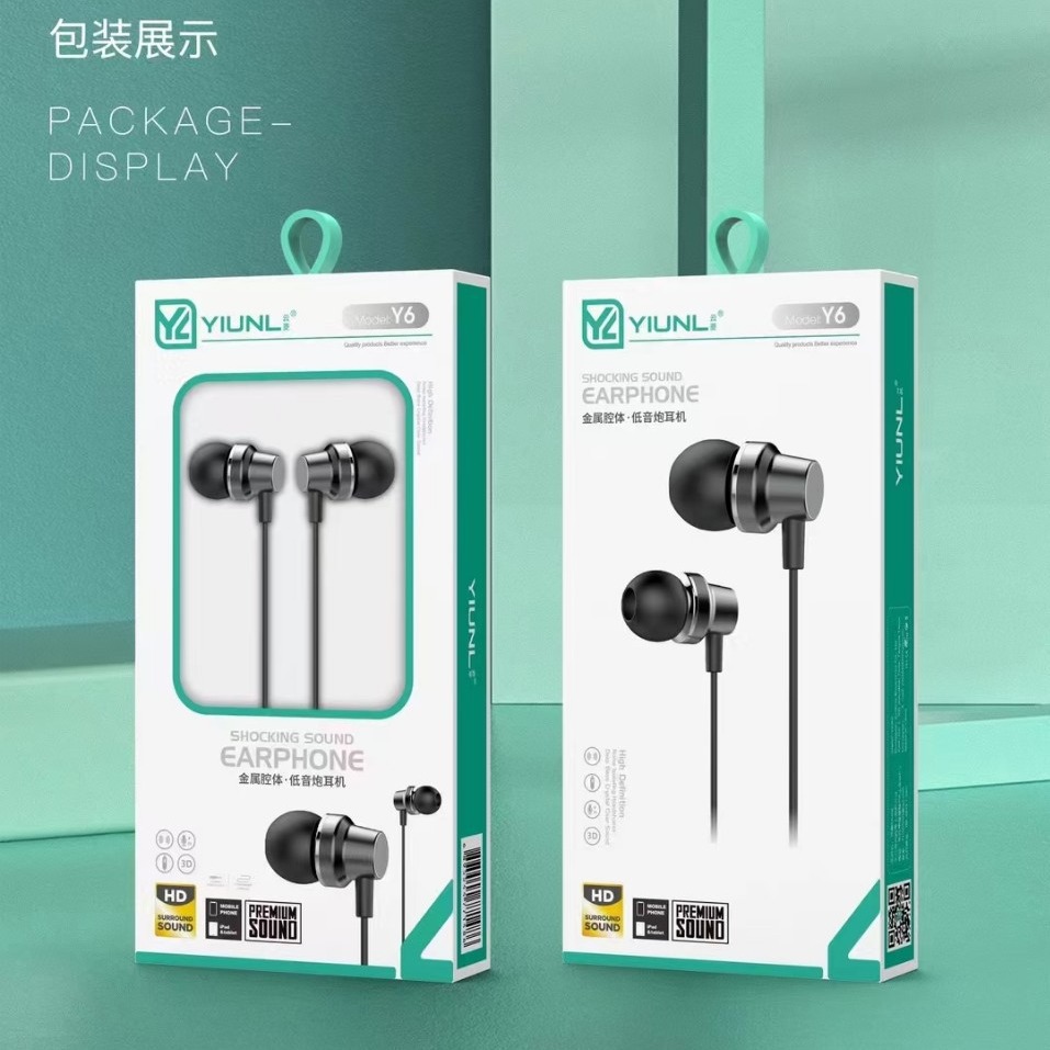Y6手机线控入耳式金属耳机白磁喇叭重低音音乐通话安卓弯头有线